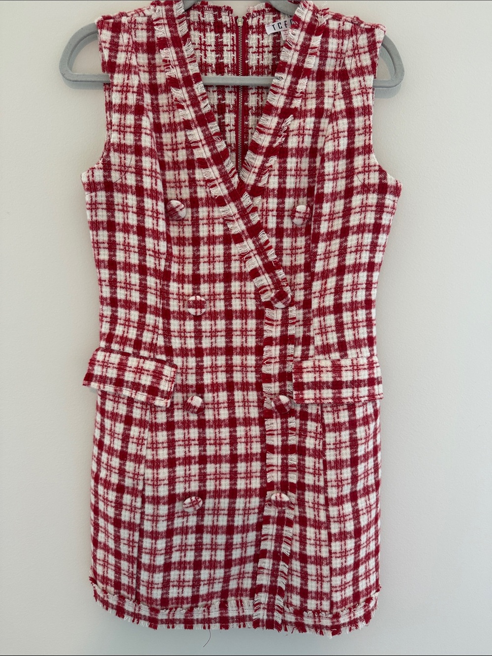 TCEC Red and White Tweed Double-Breasted Sleeveless Dress